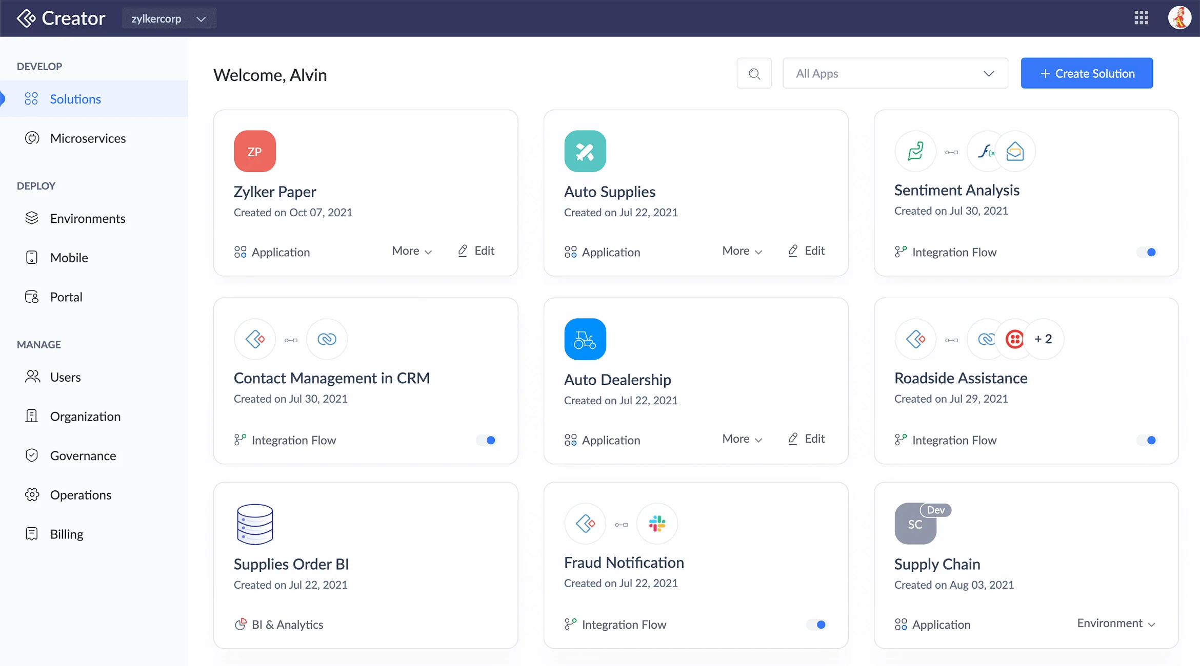 Solutions dashboard in Zoho Creator