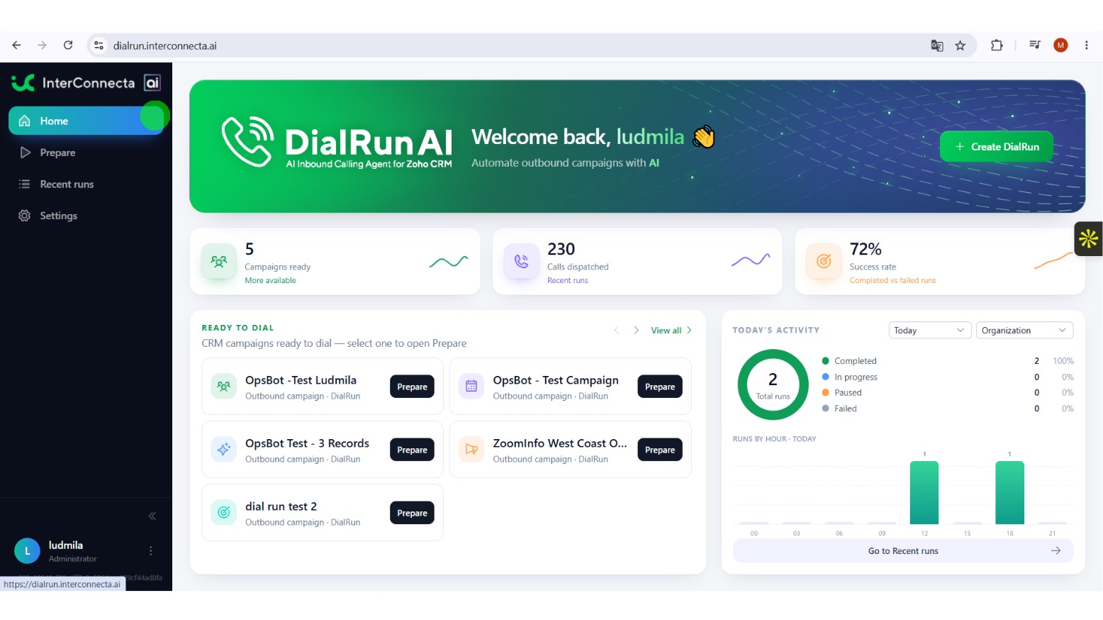 Dial Run AI interface inside Zoho CRM